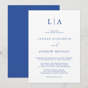 Marseille Bleu Monogram Simple Minimalist Wedding Invitation