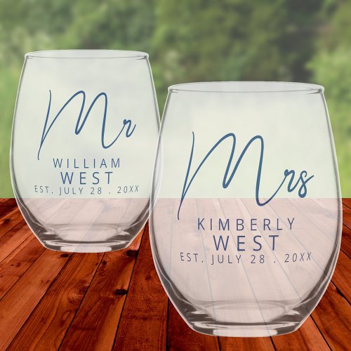 Marseille Bleu Mr And Mrs Personalized Wedding Stemless Wine Glass