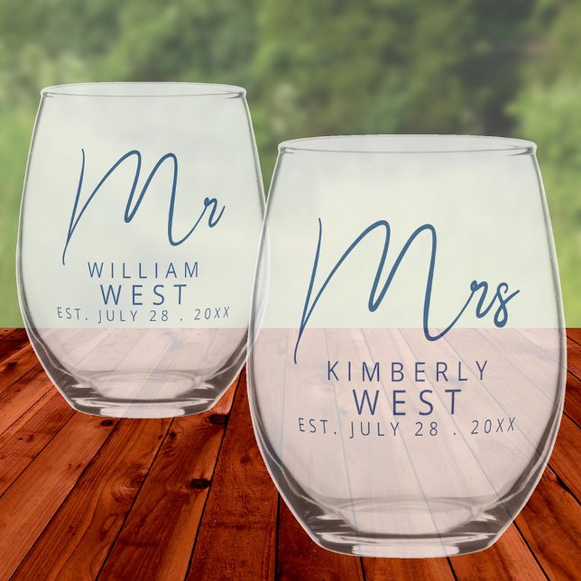 Marseille Bleu Mr And Mrs Personalized Wedding Stemless Wine Glass (Marseille Bleu Modern Wedding Bride And Groom Mr. & Mrs. Personalized Stemless Wine Glasses)