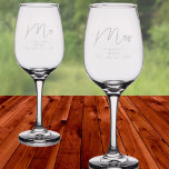 Marseille Bleu Personalized Wedding Mr And Mrs Wine Glass<br><div class="desc">This elegant set of Mr. and Mrs. etched wine glasses makes a perfect wedding gift for the newlyweds. Included in the Marseille Bleu collection because the design continues the theme of a modern script font paired with a much simpler block style font, this time etched in glass rather than printed...</div>