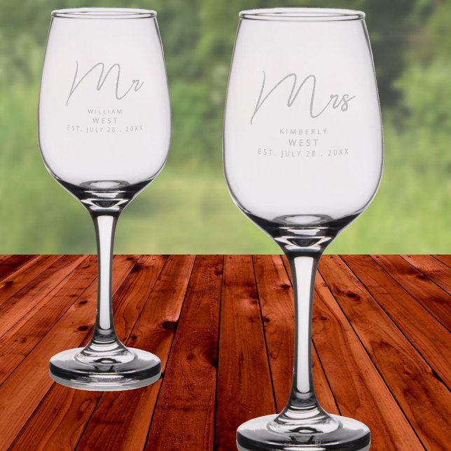 Marseille Bleu Personalized Wedding Mr And Mrs Wine Glass (Personalized etched wine glasses make a lovely gift for the newlyweds )