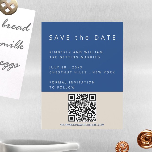 Marseille Bleu Unique QR Code Simple Save The Date Magnetic Invitation (Marseille Bleu Modern Wedding Save The Date Magnetic Card With QR Code)