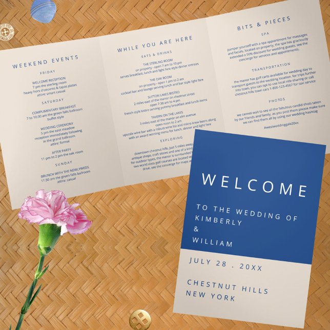 Marseille Bleu Wedding Welcome Letter Itinerary Tri-Fold Program (Marseille Bleu Modern Wedding Tri-Fold Welcome Letter Itinerary Program)