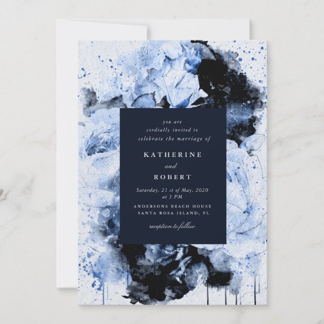 Marseille Blue Abstract Floral Wedding Invitation (Front)