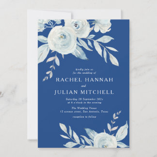Marseille blue watercolor floral wedding invitation