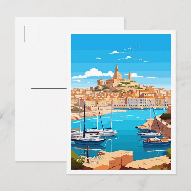 Marseille France Art Vintage Travel Illustration Postcard (Front/Back)