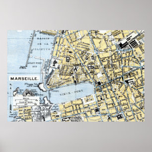 Marseille, France Vintage Map Poster