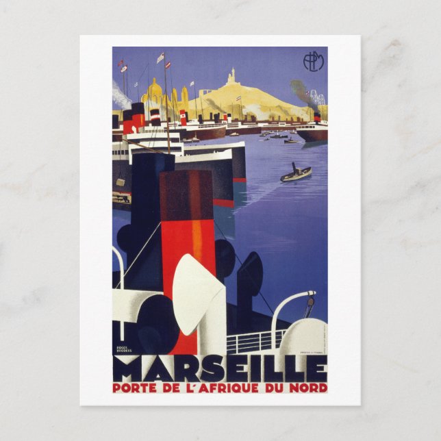 Marseille Vintage Travel Poster Restored Postcard (Front)