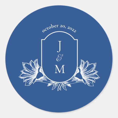 Marseilles Bleu Floral Wedding Monogram Crest  Classic Round Sticker
