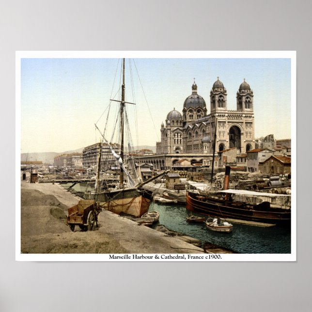 Marseilles Harbour & Cathedral 1900 antique France Poster (Front)