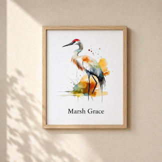 Marsh Grace Crane Watercolor Metal Print