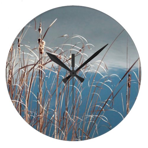 Marsh grass by the edge of a pond clock