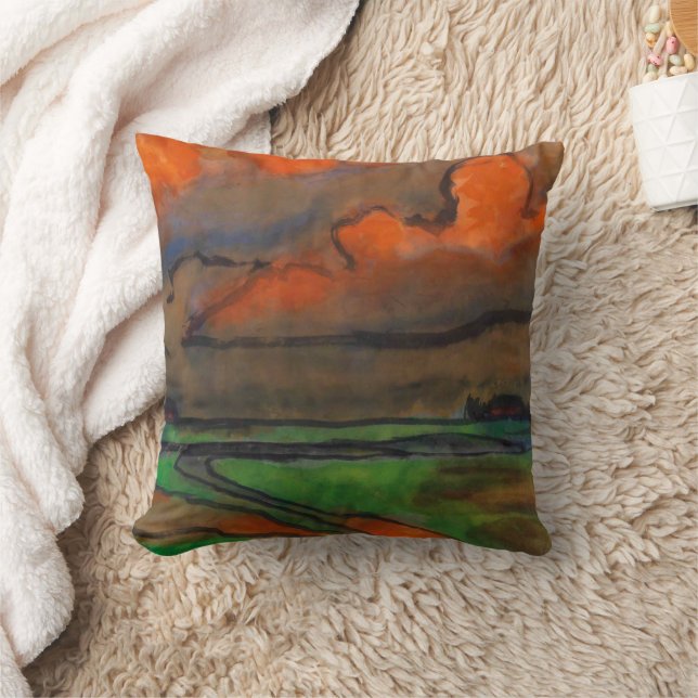 Marsh Landscape Under Red Clouds | Emil Nolde | Throw Pillow (Blanket)