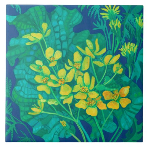 Marsh Marigold Summer Wildflowers Floral Painting Ceramic Tile