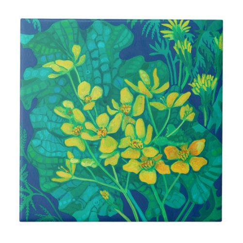 Marsh Marigold Summer Wildflowers Floral Painting  Ceramic Tile