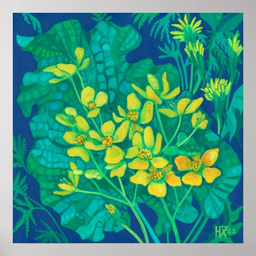 Marsh Marigold Summer Wildflowers Floral Painting Poster