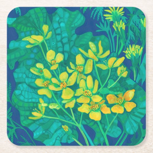Marsh Marigold Summer Wildflowers Floral Painting Square Paper Coaster
