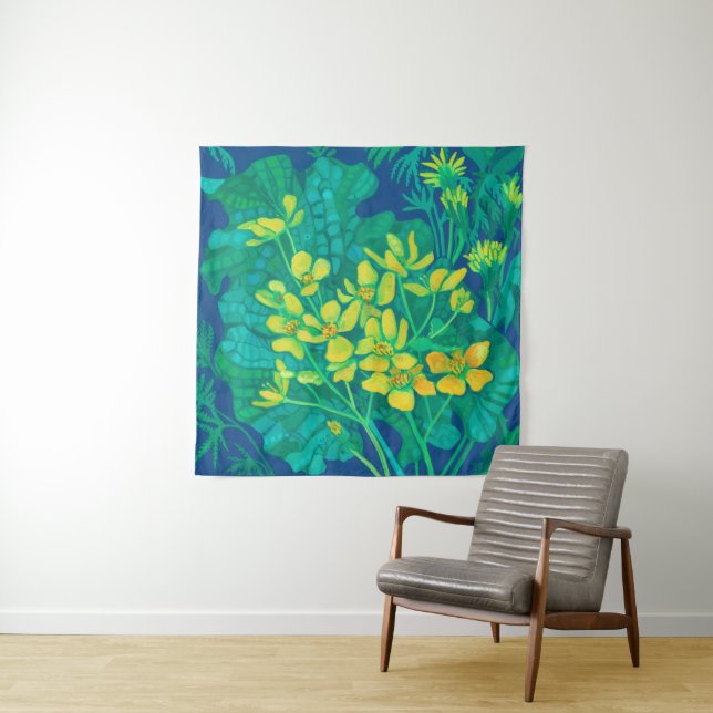 Marsh Marigold Summer Wildflowers Floral Painting Tapestry (In Situ)
