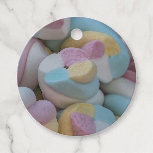 marshmallow candy at party favor tags