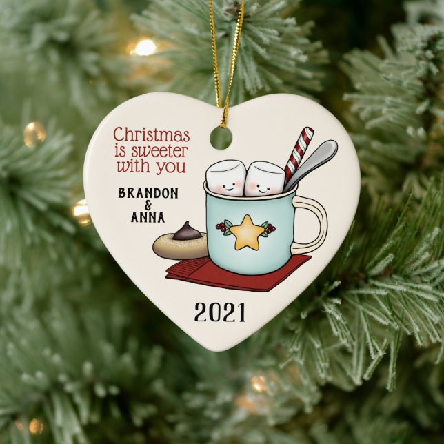 Marshmallow Couple in Mug of Hot Cocoa Christmas Ceramic Ornament (Tree)