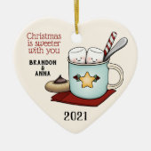 Marshmallow Couple in Mug of Hot Cocoa Christmas Ceramic Ornament (Front)