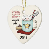 Marshmallow Couple in Mug of Hot Cocoa Christmas Ceramic Ornament (Left)