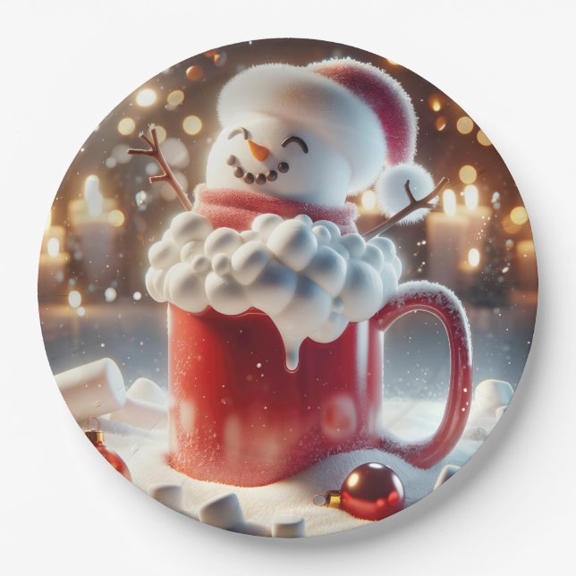 Marshmallow Snowman In Hot Chocolate Paper Plates (Front)