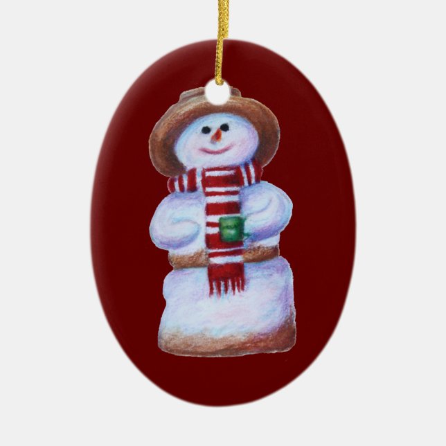 Marshmallow Snowman Merry Christmas Ceramic Ornament (Front)