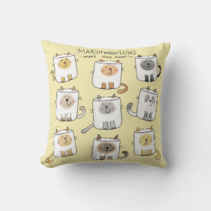 MARSHmeowLOWS Whimsical Wordplay Cat Marshmallows Throw Pillow