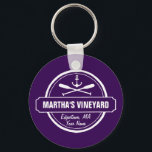 Martha’s Vineyard MA custom town nautical anchor Keychain<br><div class="desc">This Martha’s Vineyard, MA nautical anchor and paddle design is personalized with your favorite Martha’s Vineyard town, beach or area (such as Edgartown, Vineyard Haven, Oak Bluffs, Aquinnah, Tisbury, etc.) and your name (or delete). This retro, vintage style design features a white circle, anchor, crisscrossed paddles and a bold banner...</div>
