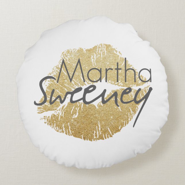 Martha Sweeney Gold Lips Round Pillow (Back)
