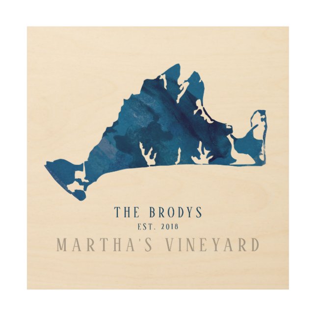 Marthas Vineyard Blue Map Family Established Wood Wall Art (Front)