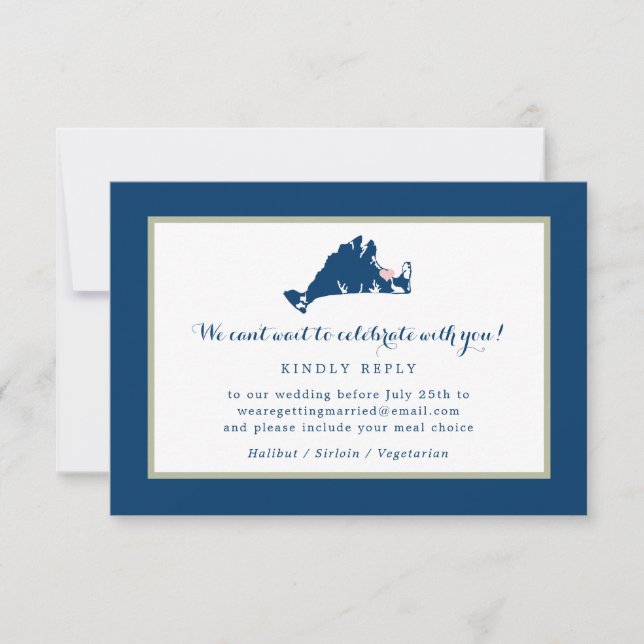 Marthas Vineyard Blue Map with Heart Wedding RSVP Card (Front)