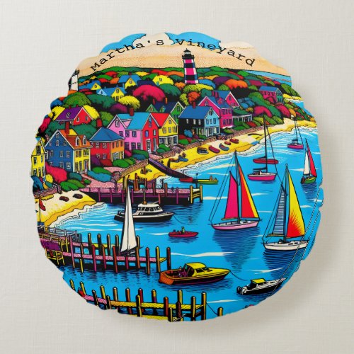 Marthas Vineyard  Colorful Abstract Art Round Pillow