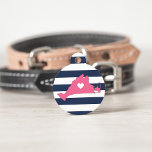Martha's Vineyard Heart Pet ID Tag<br><div class="desc">Let your furry friend show some home town pride with this cute Martha's Vineyard pet ID tag. Design features a white silhouette map of the island of Martha's Vineyard in pink with a white heart inside, on a preppy navy blue and white stripe background. Add your pet's name and contact...</div>