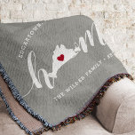 Martha's Vineyard Home Town Personalized Throw Blanket<br><div class="desc">Show some hometown pride with this cute rustic gray throw blanket featuring "home" in white calligraphy script lettering with a silhouette map of Martha's Vineyard standing in for the letter "O." A red heart illustration inside the state map completes the design; you can change the position of the heart to...</div>