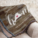 Martha's Vineyard Home Town Personalized Wood Look Throw Blanket<br><div class="desc">Show some hometown pride with this cute rustic faux wood plank throw blanket featuring "home" in white calligraphy script lettering with a silhouette map of Martha's Vineyard standing in for the letter "O." A pink heart illustration inside the state map completes the design; you can change the position of the...</div>