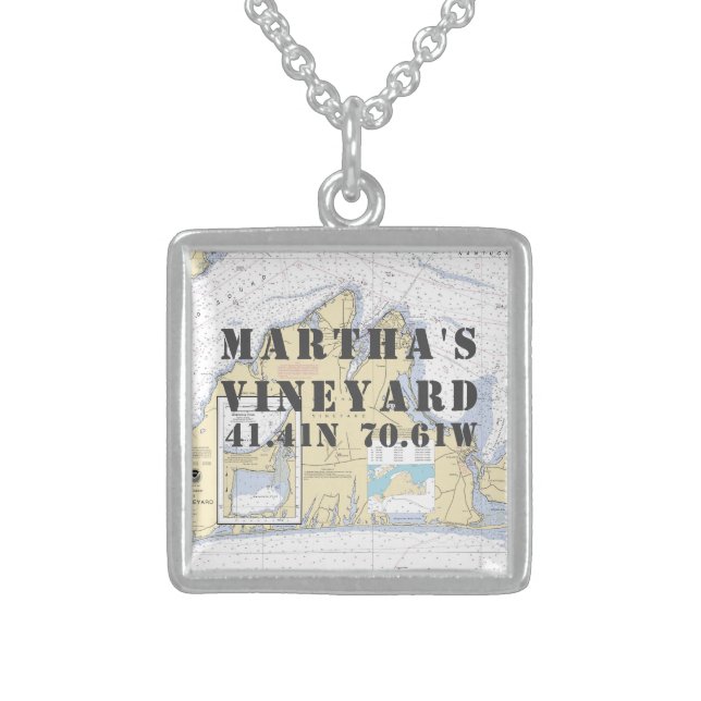 Martha's Vineyard Latitude Longitude Nautical Sterling Silver Necklace (Front)