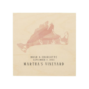 Marthas Vineyard Pink Map Wedding Guest Signature Wood Wall Art