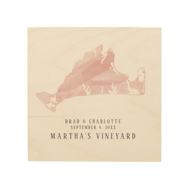 Marthas Vineyard Pink Map Wedding Guest Signature Wood Wall Art (Front)