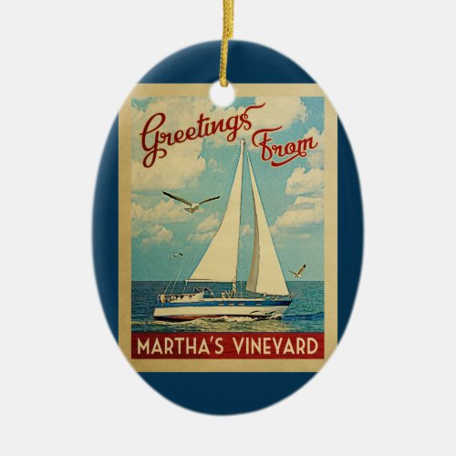 Marthas Vineyard Sailboat Vintage Travel Ceramic Ornament