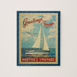 Martha's Vineyard Sailboat Vintage Travel Jigsaw Puzzle<br><div class="desc">This Greetings From Martha's Vineyard Massachusetts vintage travel nautical design features a boat sailing on the water with seagulls and a blue sky filled with gorgeous puffy white clouds.</div>