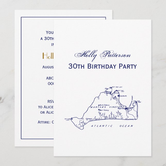 Martha's Vineyard Vintage Map #1 Navy Blue Invitation (Front/Back)