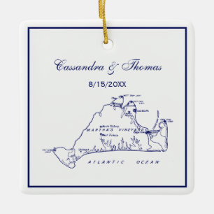 Martha's Vineyard Vintage Map #1 Navy Blue Square Ceramic Ornament