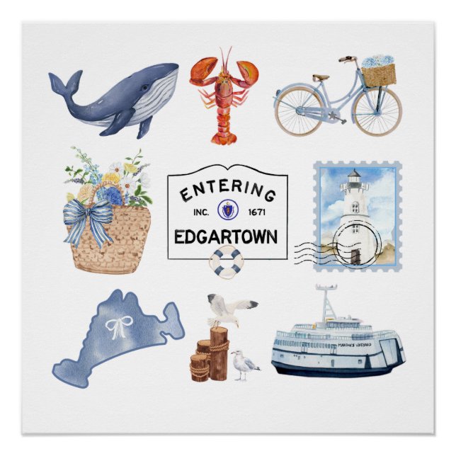 Marthas Vineyard Watercolor Icons Poster (Front)