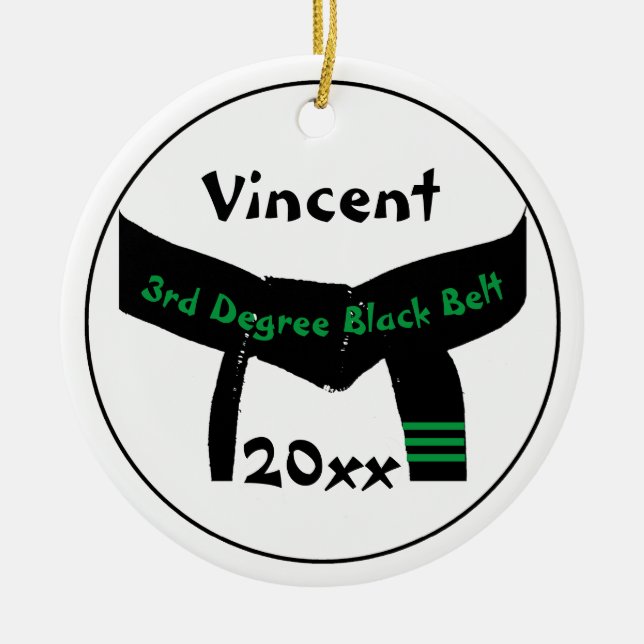 Martial Arts 3rd Degree Black Belt Green Text Ceramic Ornament (Front)