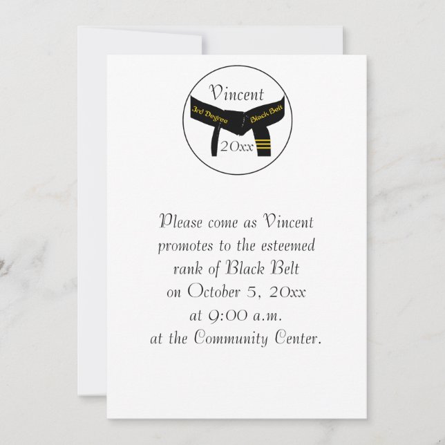Martial Arts 3rd Degree Black Belt Test Invitation (Front)