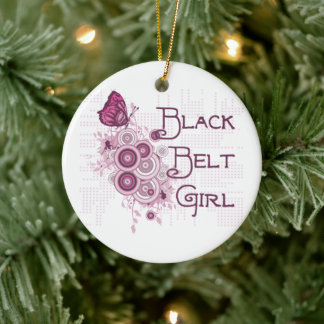 Martial Arts Black Belt Girl Pink Butterflies Ceramic Ornament