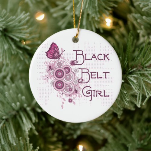 Martial Arts Black Belt Girl Pink Butterflies Ceramic Ornament