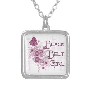 Martial Arts Black Belt Girl Pink Butterfly Silver Plated Necklace